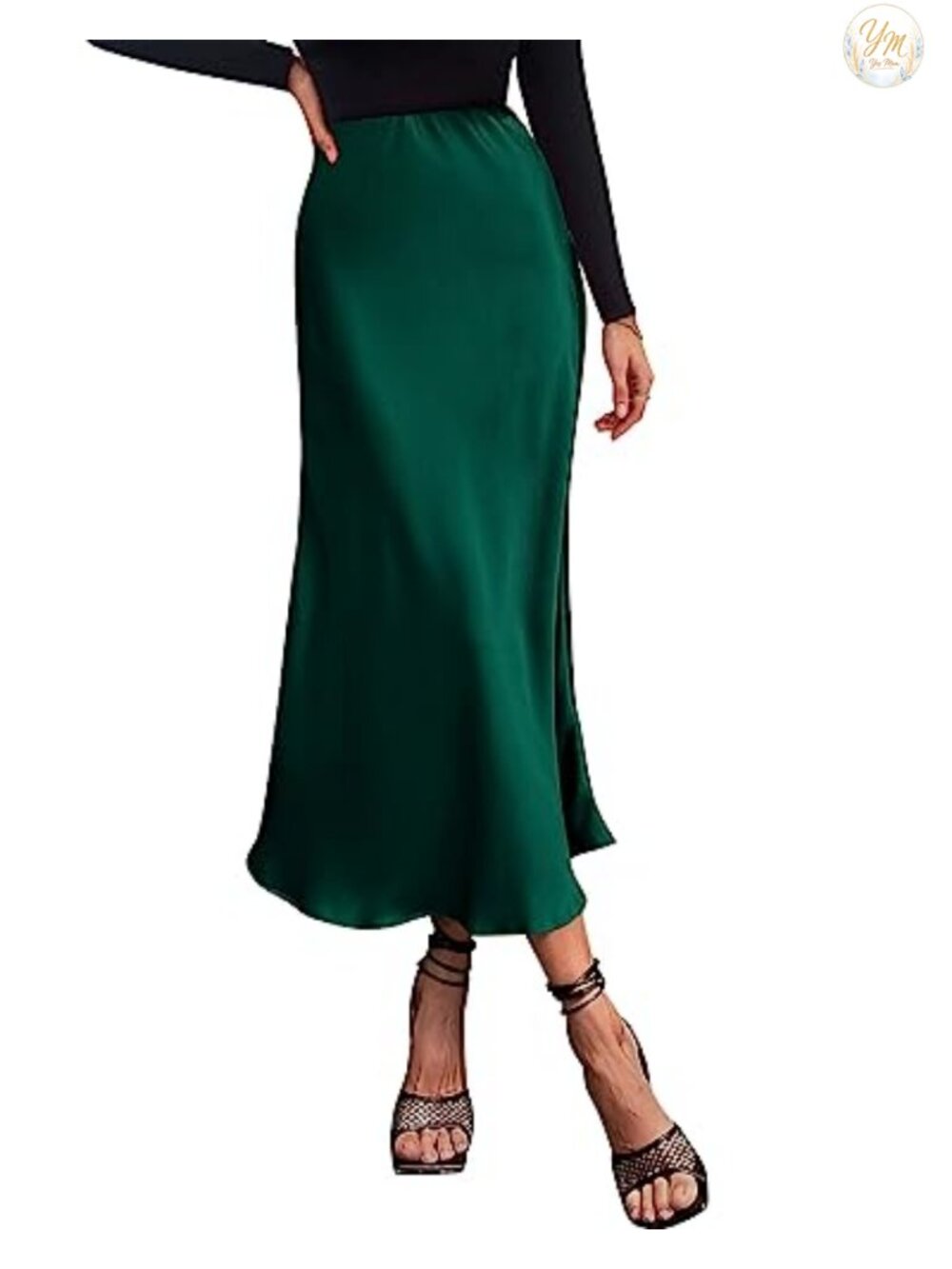 Satin A-Line Midi Skirt High Waisted Ruffle Hem for Work Vacation